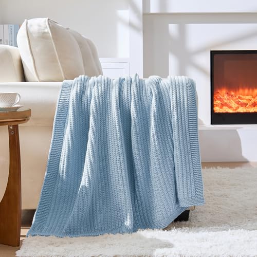 Chunky Knit Blue Throw Blanket for Couch 50"x 60" | Soft Cozy Lightweight Ribbed Fisherman-Knit Blanket,Light Blue,All-Season Warmth Cute Decorative Throw for Sofa Bed - color: Light Blue, size: 50"x 60"