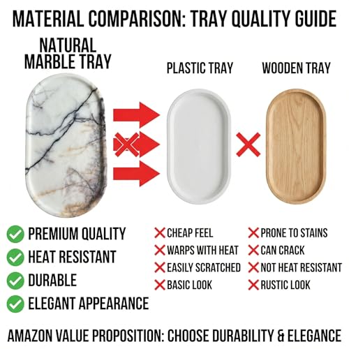 Natural Marble Vanity Tray for Bathroom Counter, Stone Catchall Tray for Perfume, Soap, Jewelry and Skincare, Bathroom Countertop Organizer for Vanity, Dresser or Kitchen Sink, 11.8 x 6.3 Inch