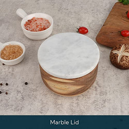 KITCHENDAO Large Acacia Salt Cellar Box Bowl with Built-in Spoon and Marble Lid, Solid Natural Acacia Wood Bath Sea Salt Container, Grey Marble Lid, Pepper Sealer Pinch Bowl, 10oz Capacity - color: Gray