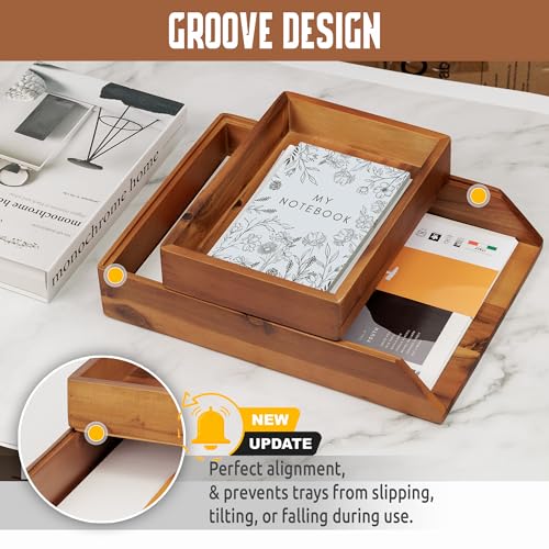 DEMIGO Desk Organizer Letter Tray Set of 2, Natural Acacia Wood Paper Tray | Wooden Tabletop Holder for Files, Folders, Notebooks & Documents, Workspace Stationery Storage Saver