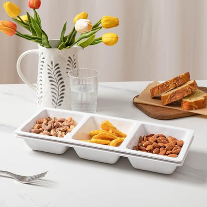 Divided Serving Tray, 14.75”x 6” Reusable 3-Section Party Platters, Condiment Serving Dishes for Entertaining, Ideal for Snacks, Appetizers, Fruit, Candy, Chip & Dip Set,White - color: Bright White 3 Section Tray