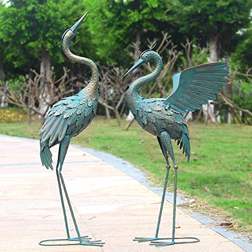 33-37 Inch Metal Crane Garden Statue Décor for Yard Patio Lawn Pool | Bird Garden Sculpture & Statues, Set of 2 - color: Cyan