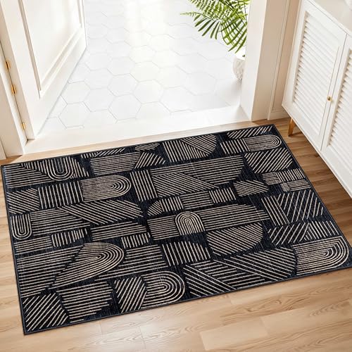 2x3 Washable Rug Small Area Rugs Low Pile Mid Century Modern | Throw Carpet for Entryway Bathroom Kitchen Bedroom Bedside Non Slip Floor Indoor Boho Abstract Black and Gold - color: Black and Brown, size: 2' x 3' (Rectangular)