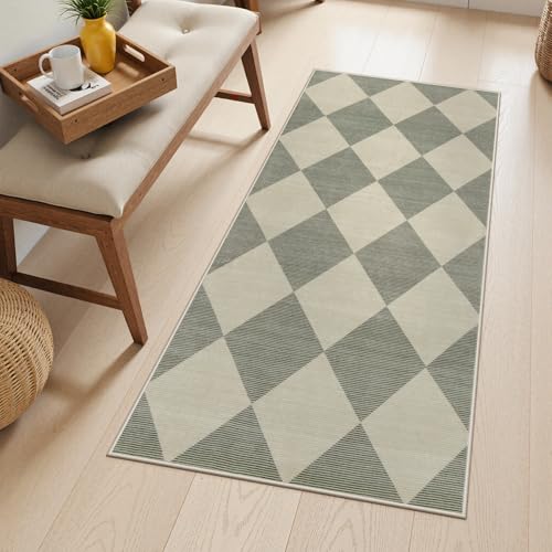 Beeiva Checkered Rug Runners for Hallways Non Slip, 2x4 Washable Runner Rug for Kitchen Ultra Thin Green Entryway Runner, Gingham Diamond Decor Farmhouse Throw Carpet for Bathroom Laundry - color: Green/Grey, size: 2' X 4' (Rectangular)