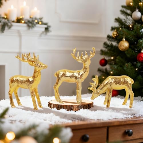Lulu Home 3 PCS Christmas Tabletop Decorations, Resin Reindeer Peer | Golden Reindeer Figurines, Diverse Postures, Xmas Holiday Winter Centerpieces Ornaments for Mantel Shelf Sill Decor - style: 3 Peers