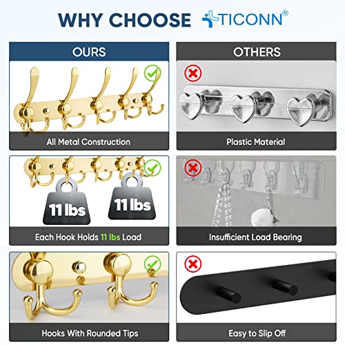 TICONN Wall Mounted Coat Rack, Five Heavy Duty Tri Hooks All Metal Construction for Jacket Coat Hat in Mudroom Entryway (Gold, 1-Pack) - color: Gold