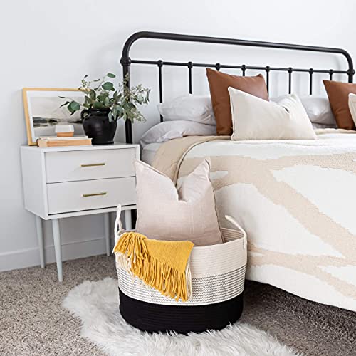 OrganiHaus Round Toy Basket & Blanket Basket, Cotton Rope 20x13" | 3-Toned Black - Round Cotton Rope Basket, 20x13" - color: 3-toned Black, size: Wide