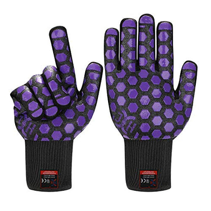 J H Heat Resistant Oven Glove:EN407 Certified 932 °F, 2 Layers Silicone Coating, Oven Mitts for Cooking, Kitchen, Fireplace,Camping, Grilling (Black/Purple, Regular Cuff) - color: Black/Purple, size: Regular Cuff