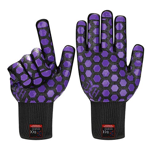 J H Heat Resistant Oven Glove:EN407 Certified 932 °F, 2 Layers Silicone Coating, Oven Mitts for Cooking, Kitchen, Fireplace,Camping, Grilling (Black/Purple, Regular Cuff) - color: Black/Purple, size: Regular Cuff