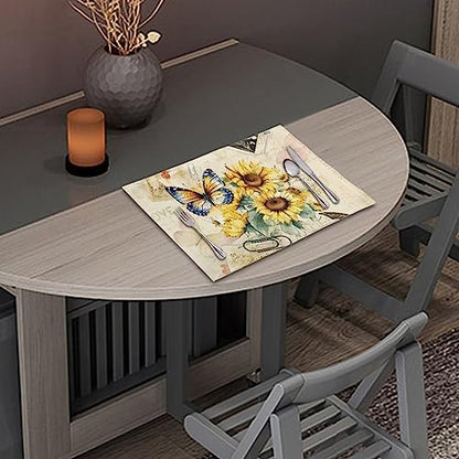 Durable Placemats Set of 4, Dining Table Woven Vinyl PVC Placemat Wipeable Easy to Clean Oil-Proof Non-Slip Tablemats for Kitchen, Butterfly Sunflower Retro - color: Butterfly Sunflower Retro, size: Set of 4