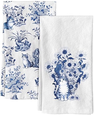Flour Sack Kitchen Towels Set of 2, 18x26 Inch, Cat Flower | 150GSM Cotton, Lint-Free, Quick Dry, Hanging Loop, Lightweight Tea Towels, French Home Decor, Chinoiserie, Housewarming Gift - color: Cat Flower