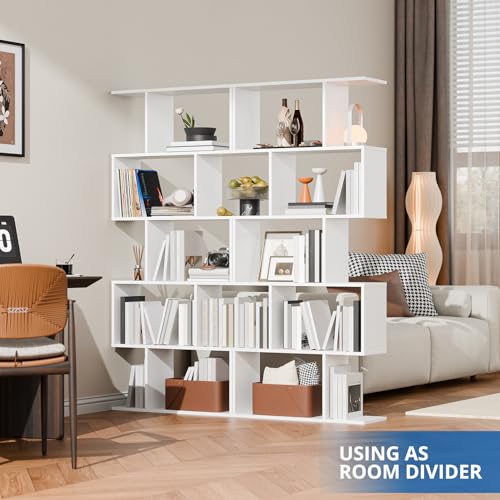 Set of 2 Geometric Bookcase, S-Shaped Modern Bookshelf, Room Divider Bookshelf, 62" Tall Unique Abstract Bookcase with 5-Tier Display Shelf for Living Room Office, White - color: White