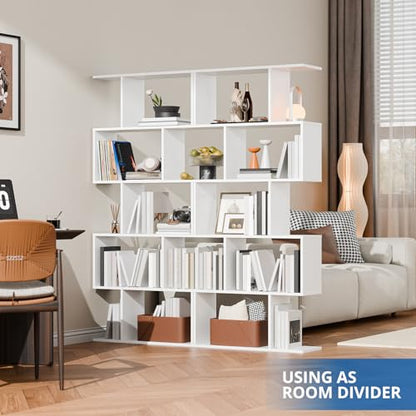 Set of 2 Geometric Bookcase, S-Shaped Modern Bookshelf, Room Divider Bookshelf, 62" Tall Unique Abstract Bookcase with 5-Tier Display Shelf for Living Room Office, White - color: White