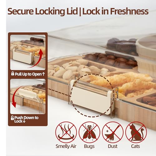 WILLKOMMEN Charcuterie Board with Lid- 5 Compartment Carbonized Bamboo Serving Tray with Locking Lid, Square Serving Platter Divided Serving Dishes for Party Cheese Snack Fruit - style: 5 Compartments-Square