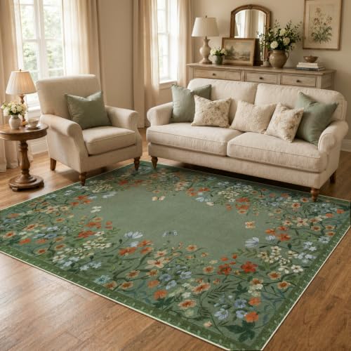 Wonnitar 5x7 Washable Area Rug, Green Floral Rug for Living Room, Boho Rug for Bedroom, Non Slip Flower Nursery Carpet, Low Pile Cottagecore Dining Room Decor (5x7 Green) - color: Green, size: 5' x 7' (Rectangular)
