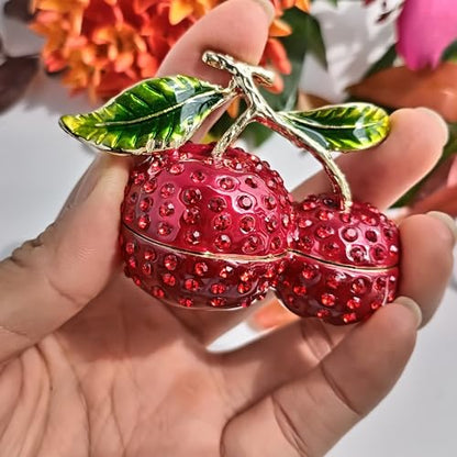 Enamel Cherry Blossom Jewelry Box with Diamond Accents Metal Crafted Trinket Container Tabletop Statue Perfect for Home Decor & Unique item for Chrismas Day Birtday Gift