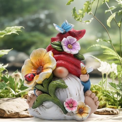 Hodao Gnome Figurine Decorations Indoor Home Decor Butterfly Bee Seven Star Ladybug - Dancing Spring Petal Gnome - Summer Garden Patio Gnome Sculpture Decorations (Flower gnome) - style: Garden