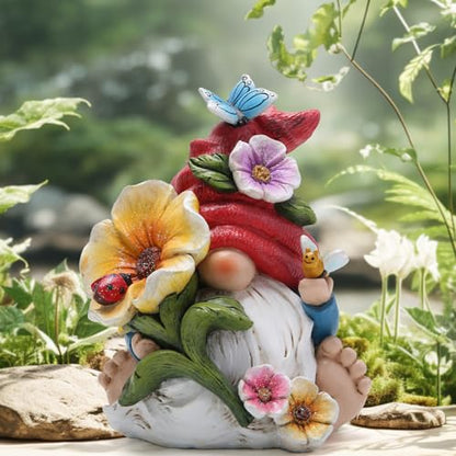 Hodao Gnome Figurine Decorations Indoor Home Decor Butterfly Bee Seven Star Ladybug - Dancing Spring Petal Gnome - Summer Garden Patio Gnome Sculpture Decorations (Flower gnome) - style: Garden