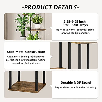 5 Tier Tall Plant Stand Indoor Corner Tiered Shelf Metal MDF Board | Sturdy Metal Frame,Space-saving Tiered Design Display Multiple Plants,Modern Style for Home,Balcony,Office Black+Rustic Brown