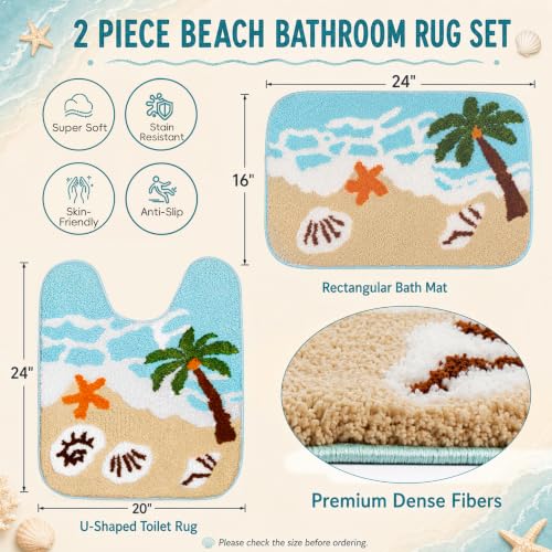 2 Piece Beach Bathroom Rug Set, Absorbent Bath Mat and U-Shaped Toilet Rug | Small-Space Coastal Refresh, Ocean-Wave Details, Two-Zone Floor Coverage, Soft Quick-Dry Comfort, TPR Grip, Machine Wash Care - color: Blue Beach
