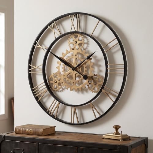 Cuspin 30 Inch Large Wall Clock Black Gold Roman Numeral Gears Wall Clock | Decorative gears, silent non ticking, battery operated, metal construction, industrial decor, easy wall mounting - color: Black Gold Gear Roman, size: 30 Inch