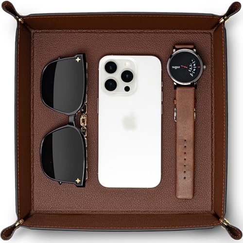 VLANDO Valet Tray Organizer, Foldable PU Leather Catchall Tray, Brown | Large 8.5 Inch Nightstand Dresser Desk and Entryway Organizer for Keys, Wallet, Watch, Phone, Coins and Jewelry - color: A-Brown, size: 11'' x 11'' x 0.2''