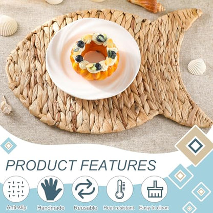 Set of 6 Fish Woven Placemats Water Hyacinth Nautical Placemats Large Wicker Rattan Chargers for Dining Table, Farmhouse Boho Weave Plates Chargers Coastal Beach Theme House Table Decor