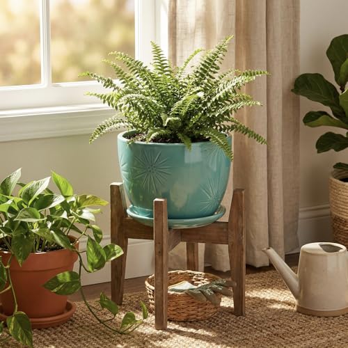 MyGift 7-Inch Turquoise Ceramic Planter Pot with Drainage Hole & Saucer | Round Embossed Sunburst Container for Indoor Plants, Succulents, Cactus, Herbs & Flowers with Attached Saucer - color: Turquoise
