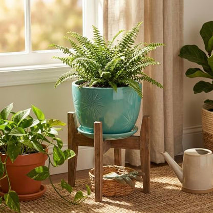 MyGift 7-Inch Turquoise Ceramic Planter Pot with Drainage Hole & Saucer | Round Embossed Sunburst Container for Indoor Plants, Succulents, Cactus, Herbs & Flowers with Attached Saucer - color: Turquoise