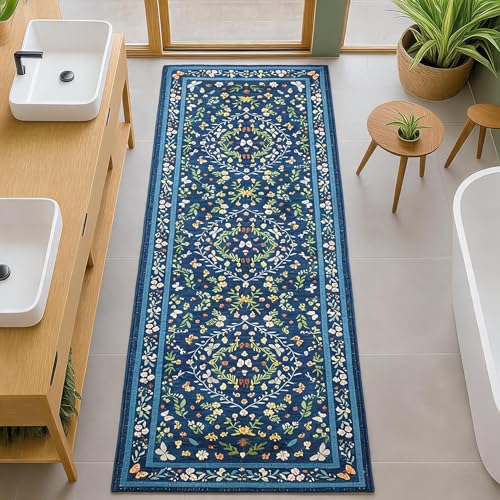 GarveeHome Washable 2x8 Runner Rugs for Hallway Entryway Kitchen Floor | Non Slip Soft Bug Rug low Pile Stain Resistant Vintage Rug Runner Folable Folral Carpet for Bedroom Laundry Room, Blue - color: Blue, size: 2'x 8'(Runner)