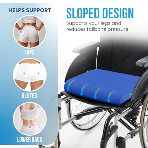 Extra Large Memory Foam Seat Cushion - Wheelchair Cushion Pad, Anti-Slip, Removable Strap, Coccyx Pain Relief, 19” X 17” X 3” (Blue) - color: Blue
