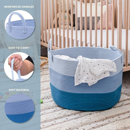OrganiHaus Round Toy Basket & Blanket Basket, Cotton Rope 20x13" | 3-Toned Blue - Round Cotton Rope Basket, 20x13" - color: 3-toned Blue, size: Wide