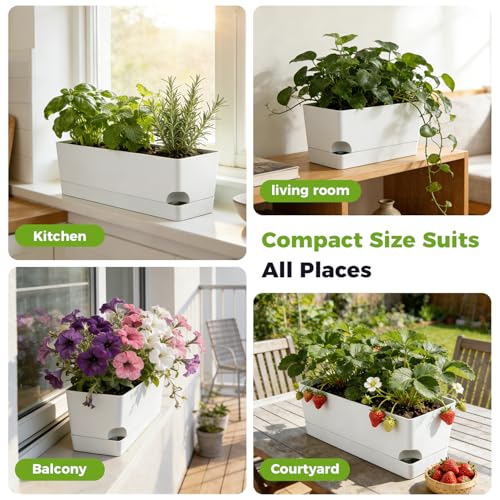 2 Pack Self Watering Pots for Indoor Plants 17 Inches Window Boxes Planters Rectangular Flower Pots Rectangle Herb Pots Large Plant Pots with Drainage Holes and Saucers Windowsill Planter, White - color: White