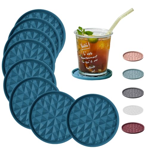 Silicone Drink Coasters Set of 8, Coaster for Desk | Prevents Condensation&Spills, Non-Slip, Reusable&Easy Clean, Diamond Pattern, Living Room&Kitchen Decor, Gift, Dark Blue - color: Dark Blue, size: 8×3.9inches