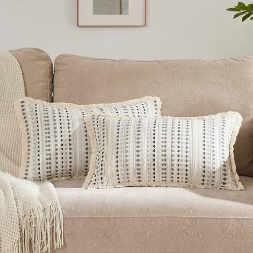Embroidered Throw Pillow Cover Set of 2, Spring Summer Boho Farmhouse Decorative Pillow Case with Tassels, Textured Cushion Cases for Sofa Living Room Home Decor (Grey, 12" x 20") - color: Grey, size: 20" x 12" (Pack of 2)