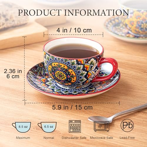 Henten Home Ceramic Tea Cup with Saucers, 8.5 oz Latte Cup Set of 6 | Boho Style Cup for Cappuccino, Coffee, Hot Cocoa, Espresso, Microwave & Dishwasher Safe, Non Toxic