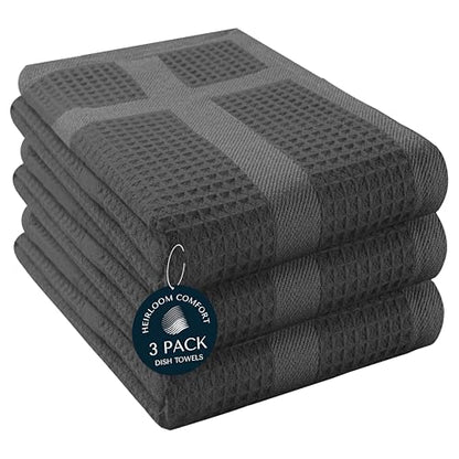 100% Cotton Kitchen Towels, 16"x26", 3 Pack, Waffle Weave, Absorbent, Fast Drying Dishcloth Set for Cleaning, Hand Towels, Dish Rags, Wash Cloth, Durable, Machine Washable, Gray - color: Dark Grey, style: 3 Pack