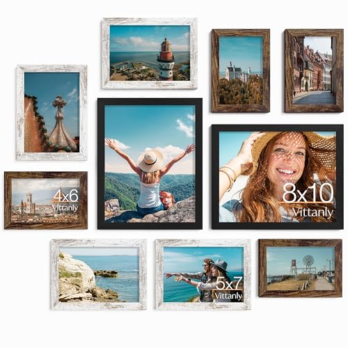 Vittanly 10 Pack Gallery Wall Frame Set, Black, Brown, Distressed White | Gallery Wall Frame Set: 2pcs 8x10, 4pcs 5x7 & 4pcs 4x6 Photos for Wall & Table, Picture Frames made of Engineered Wood - color: Black & Brown & Distressed White