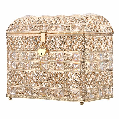 ELLDOO Crystal Wedding Card Box with Heart Lock, Vintage Money Card Box Treasure Chest Style Gold Gift for Wedding Receptions, Centerpiece Decor, Anniversary Keepsake, Gift, Small Size - color: Gold, size: Small