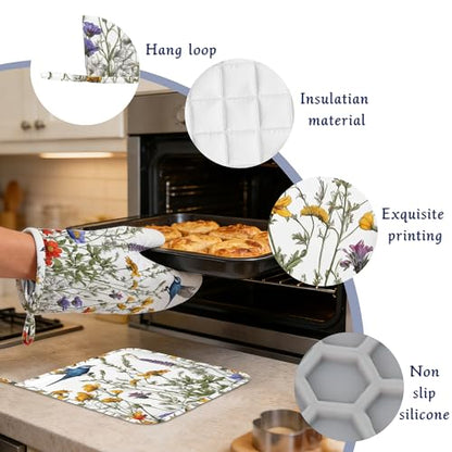 Spring Flower Bird Oven Mitts and Pot Holders Sets of 4 Wildflowers Heat Resistant Silicone Oven Mits Gloves Non-Slip Kitchen Mittens Potholders for Cooking Baking Grilling BBQ - color: Spring Flower Bird,wildflowers