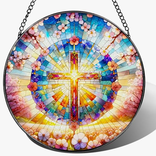 8 Inches Cross Stained Glass Suncatcher, Stained Glass Window Hanging, Spiritual Sun Catcher, Cross Ornament Gift, Christian Home Decor, Christian Gifts, Religious Gifts, Gift for Christmas - color: Cross-b