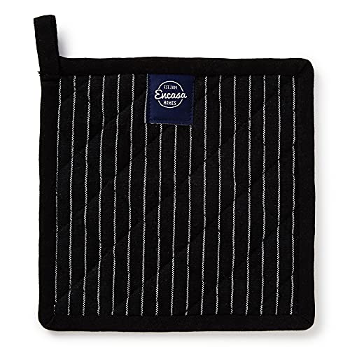 Encasa XO Pot Holders, Quilted Kitchen Hot Pads 8"x8" Butcher Stripes Black | 100% Eco-Friendly Cotton | Thick Cotton Padding Insulation | Convenient Hanging Loop | Set of 2 - color: Butcher Stripes Black
