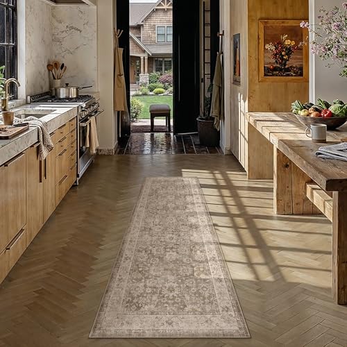 2x6 Taupe Retro Distressed Washable Runner Rug for Hallway | Low Pile, Non Slip, Vintage Distressed, Soft Hallway Runner Rug for Kitchen, Entryway, Laundry Room, Home Decor - color: A| Taupe, size: 2' x 6' (Runner)