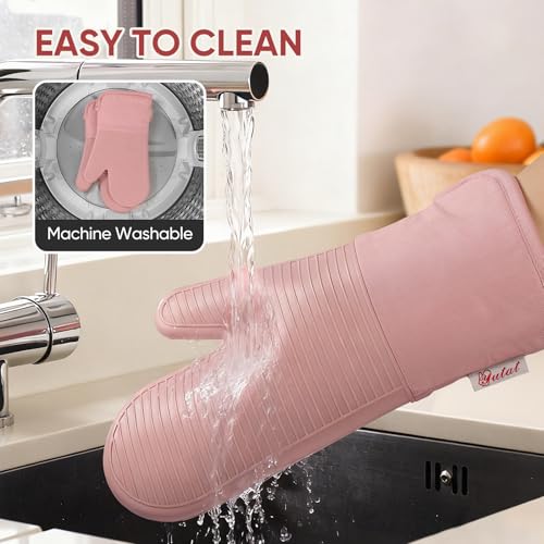 YUTAT Silicone Oven Mitts,High Heat Resistant Up to 500 Degrees,Waterproof Cooking Gloves with Soft Polyester Filling,Kitchen Potholder Set - Perfect for BBQ,Baking and Cooking,Pink,2 Pcs Set - color: Pink-striped Surface, size: 13“L x 7"W-2 Piece