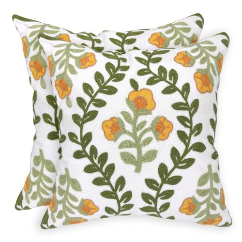 Alysheer Embroidered Decorative Throw Pillow Cover 18"x 18" Set of 2,Orange | Floral Green Vines Patterned Cotton Farmhouse Cushion Cases Durable Flower Textured Pillowcase for Couch Sofa Bed Living Room - color: Orange Green, size: 18" x 18" (Pack of 2)