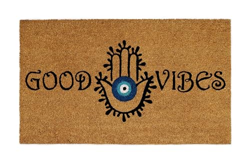 Croft&Cane Good Vibes Evil Eye Coir Doormat - 17x30 inch Non-Slip Door Mat | Natural Coco Coir Doormat - Low Profile Vinyl Backed Dirt Trapping Front Door Mat- Heavy-Duty Indoor Outdoor Mat Entryway Rug - color: Good Vibes Evil Eye, size: 1'5" x 2'6" (Rec