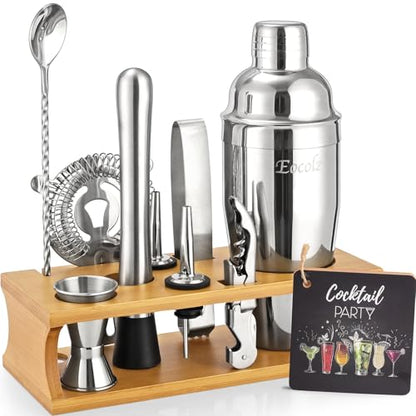 Bartender Kit Cocktail Shaker Set with Stand Bar Tool Bar Set for Drink Mixing Home Bartending Kit 11-Piece Bar Cart Accessories: Martini Shaker, Mixer Spoon, Jigger, Muddler, Strainer & Recipes Gifts - color: Burlywood Silver - 11pcs