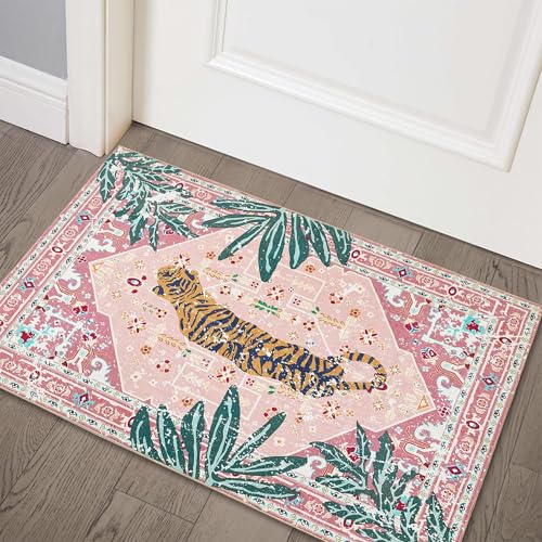 Hippie Rugs, 2x3 Faux Wool Tropical Pink Boho Throw Rugs for Bathroom Kitchen Small Indoor Entryway Rug Modern Vintage Distressed Indian Accent Floor Mat Non-Slip Washable - color: Pink, size: 2' x 3'