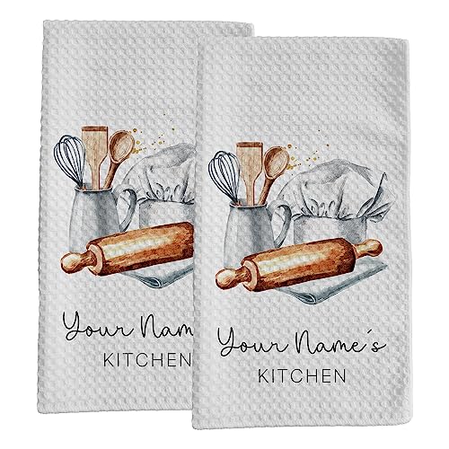 Personalized Kitchen Towel | Custom Tea Towel | Watercolor Utensil Dish Towel | Kitchen Decor | Hand Towel Gift Set | Waffle Weave Dishcloth (Pack of 2 Towels, Design 3) - size: Pack of 2 Towels, style: Design 3