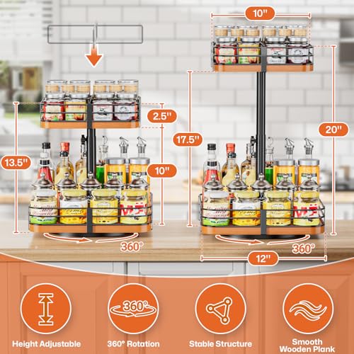 12 Inch Square Lazy Susan Organizer, 2 Tier Adjustable Wood Rack | Removable Divider Rack, 360° Rotating, Adjustable Height, For Pantry, Cabinet, Bathroom & Dining Table